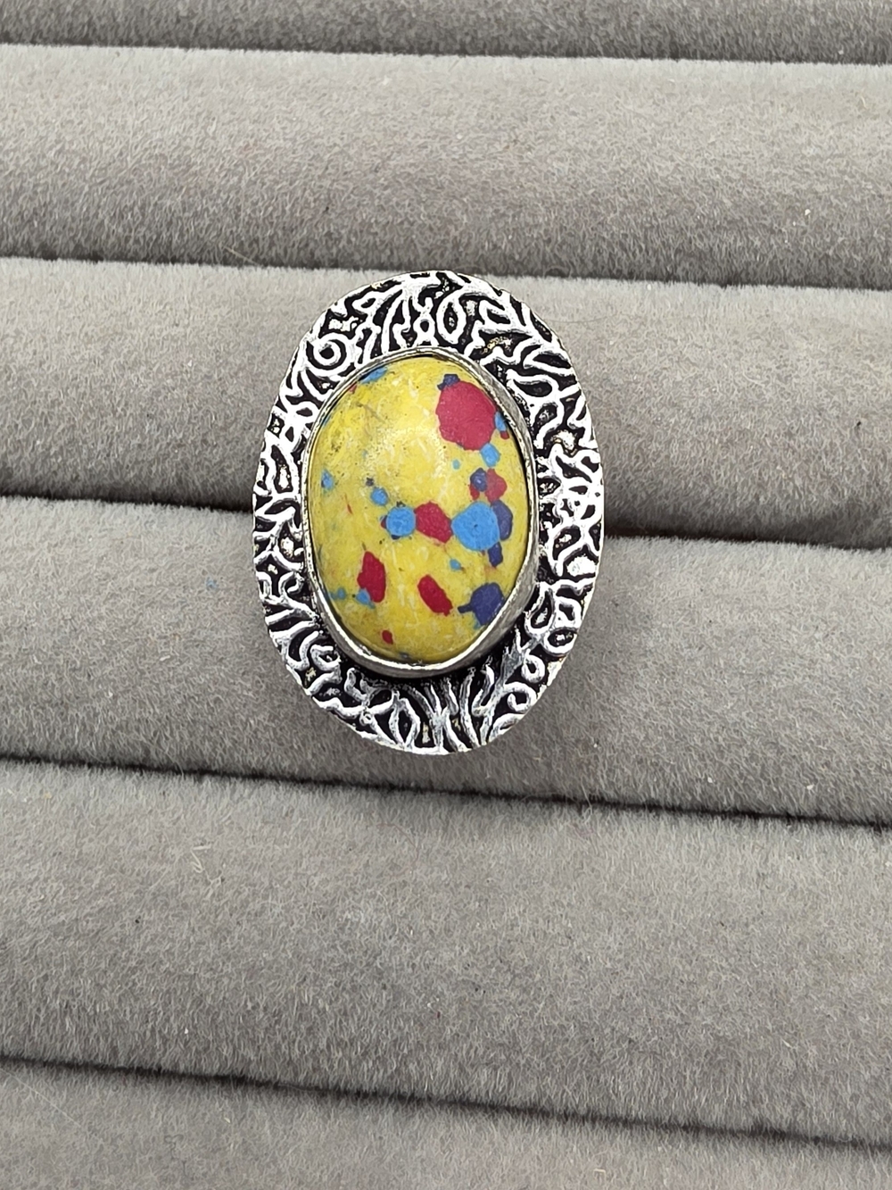 Mosaic Jasper Yellow Multicolor Stone Silver Plated Oval Ring Size 6 1/4